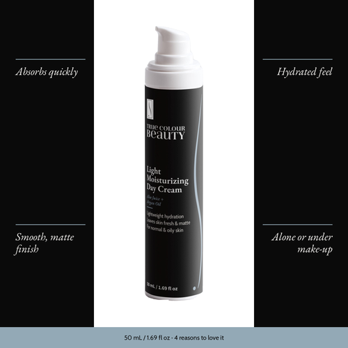 Light Moisturizing Day Cream with four benefits: absorbs quickly, hydrated feel, smooth, matte finish, alone or under make-up