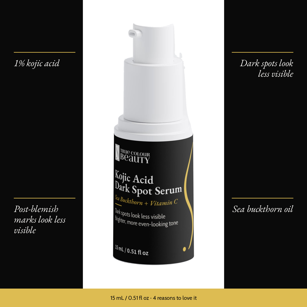 Kojic Acid Dark Spot Serum with four benefits: 1% kojic acid, dark spots look less visible, post-blemish marks look less visible, sea buckthorn oil