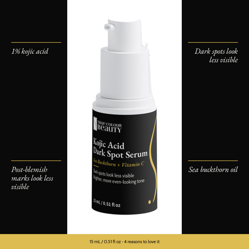 Kojic Acid Dark Spot Serum with four benefits: 1% kojic acid, dark spots look less visible, post-blemish marks look less visible, sea buckthorn oil
