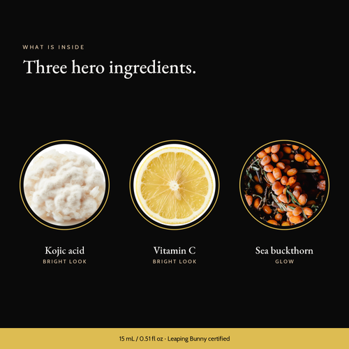Three hero ingredients in Kojic Acid Dark Spot Serum: kojic acid, vitamin c, sea buckthorn
