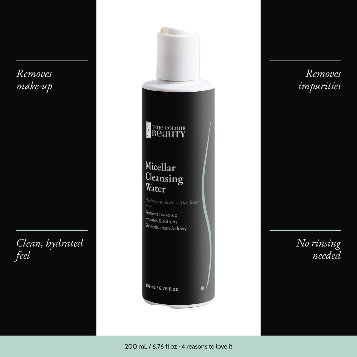 Micellar Cleansing Water with four benefits: removes make-up, removes impurities, clean, hydrated feel, no rinsing needed