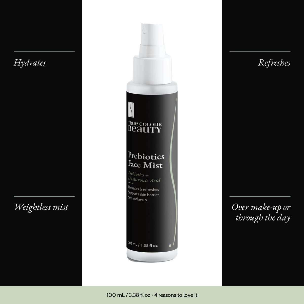 Prebiotics Face Mist with four benefits: hydrates, refreshes, weightless mist, over make-up or through the day