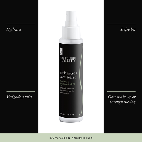 Prebiotics Face Mist with four benefits: hydrates, refreshes, weightless mist, over make-up or through the day