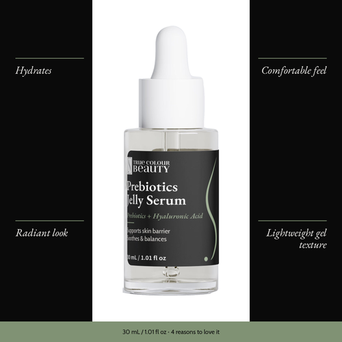 Prebiotics Jelly Serum with four benefits: hydrates, comfortable feel, radiant look, lightweight gel texture