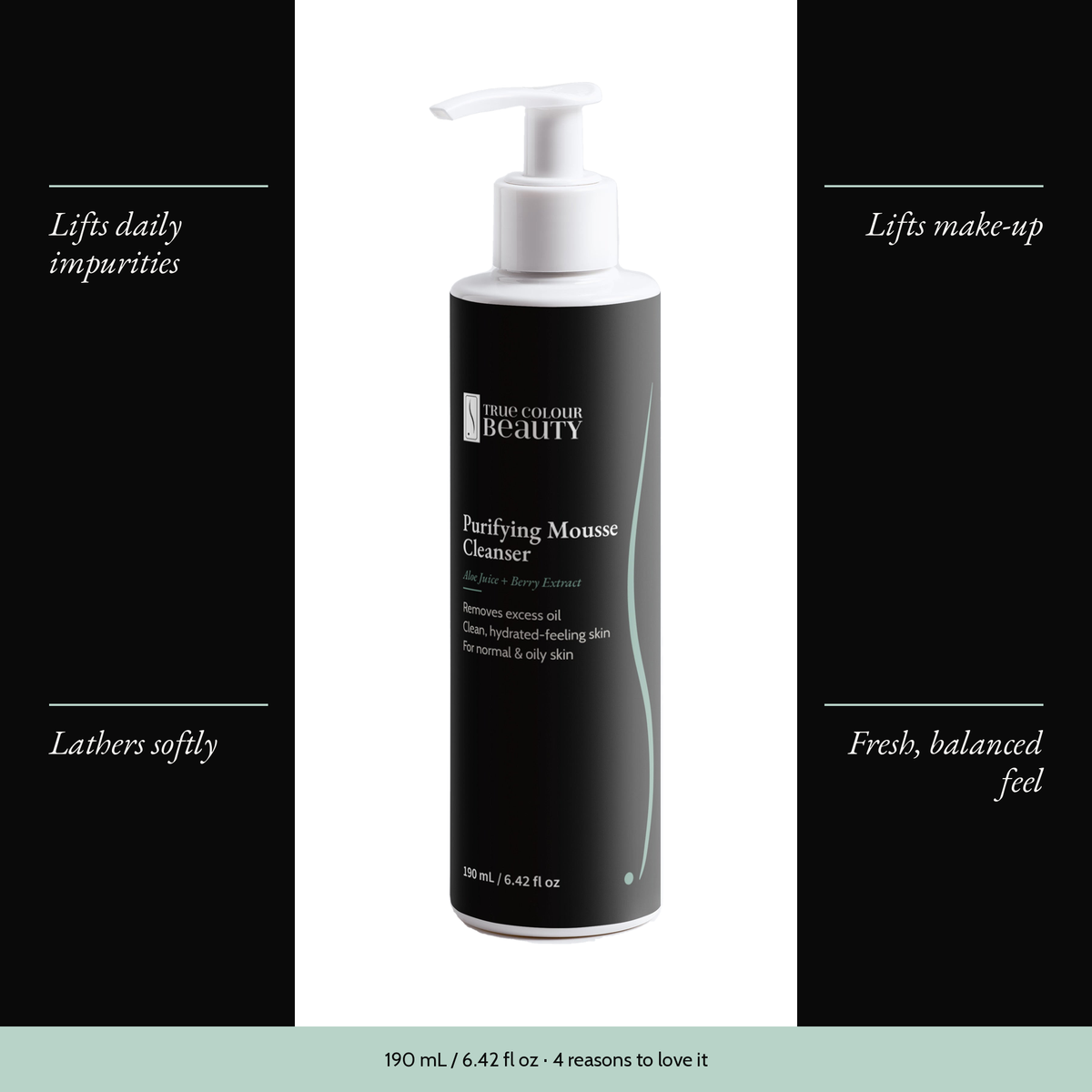 Purifying Mousse Cleanser with four benefits: lifts daily impurities, lifts make-up, lathers softly, fresh, balanced feel
