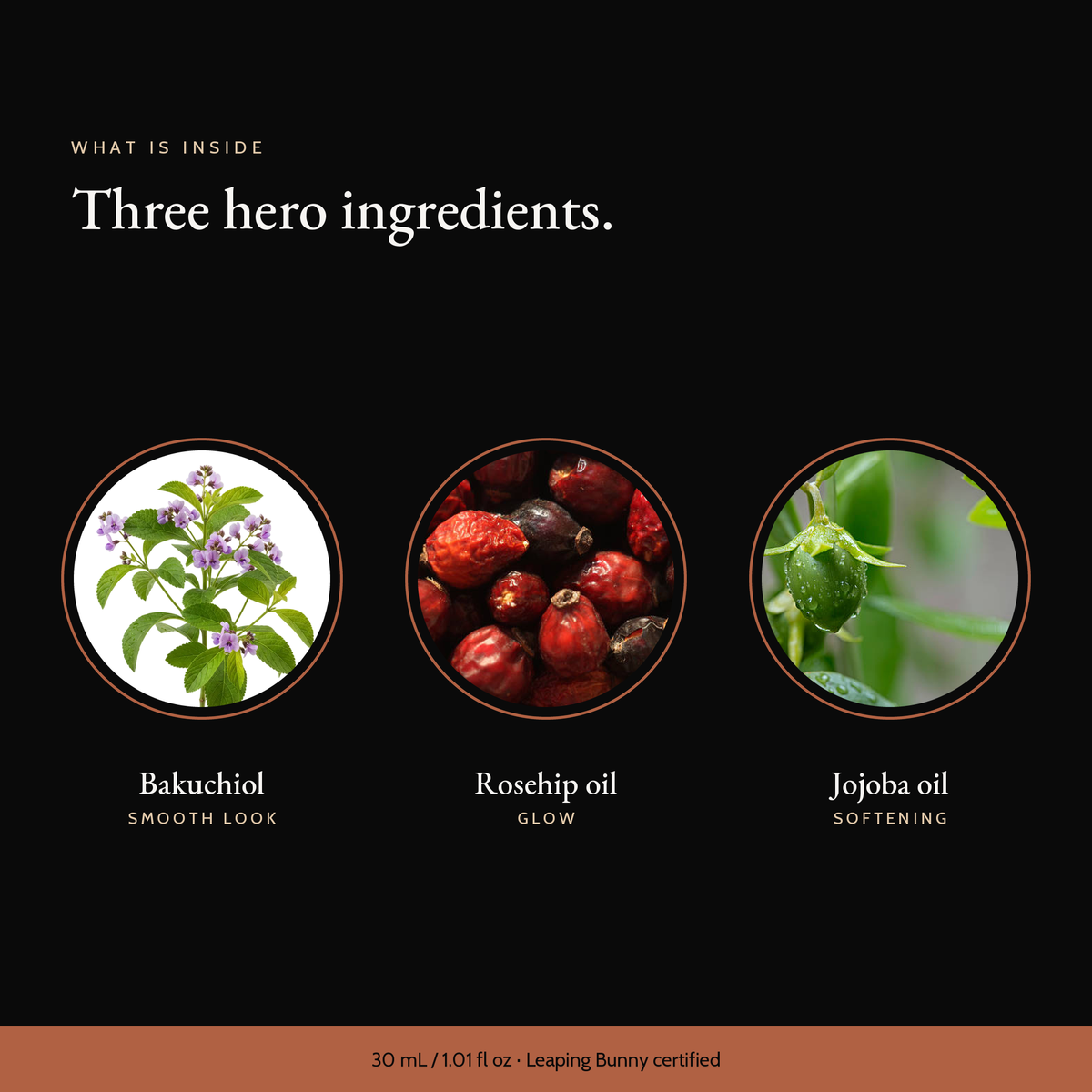 Three hero ingredients in Natural Retinol Alternative Oil Serum: bakuchiol, rosehip oil, jojoba oil