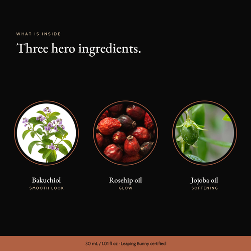 Three hero ingredients in Natural Retinol Alternative Oil Serum: bakuchiol, rosehip oil, jojoba oil
