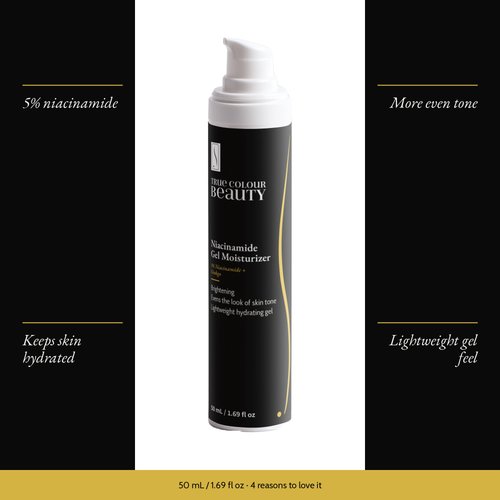 Niacinamide Gel Moisturizer with four benefits: 5% niacinamide, more even tone, keeps skin hydrated, lightweight gel feel