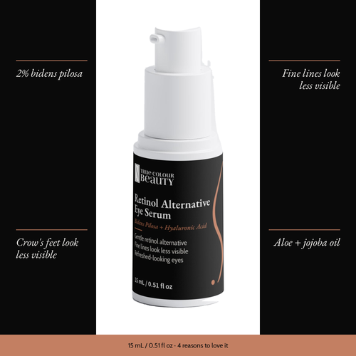 Retinol Alternative Eye Serum with four benefits: 2% bidens pilosa, fine lines look less visible, crow's feet look less visible, aloe + jojoba oil
