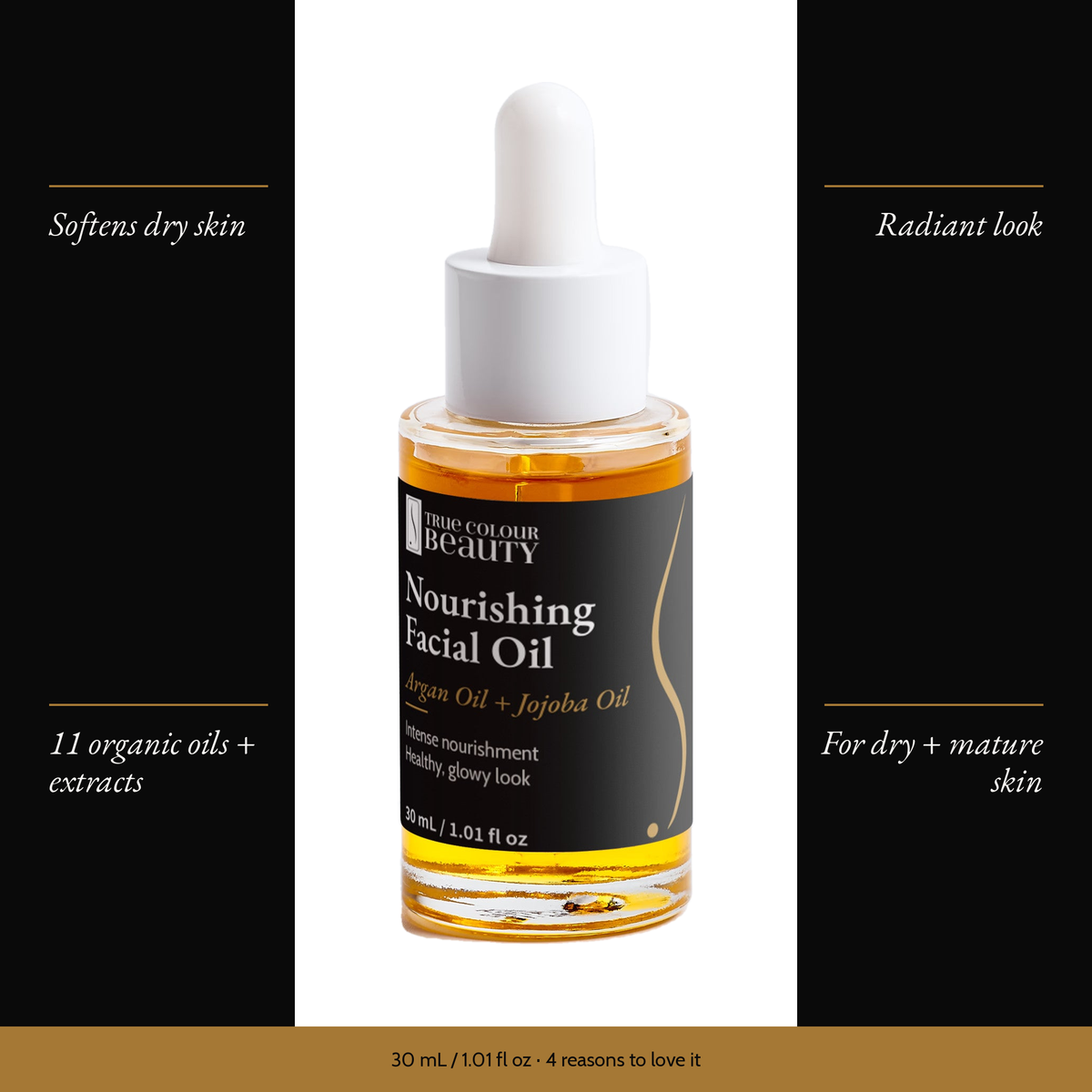 Nourishing Facial Oil with four benefits: softens dry skin, radiant look, 11 organic oils + extracts, for dry + mature skin