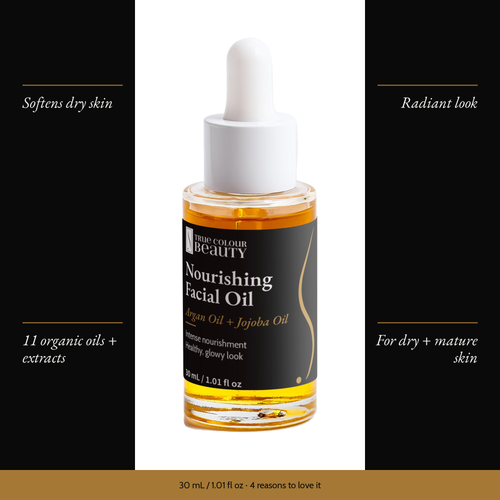 Nourishing Facial Oil with four benefits: softens dry skin, radiant look, 11 organic oils + extracts, for dry + mature skin