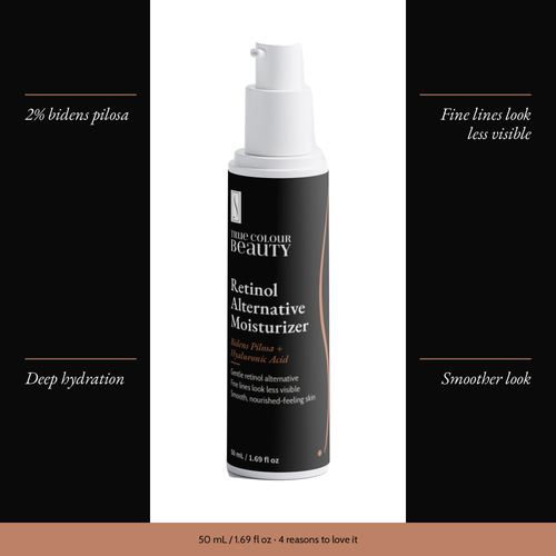 Retinol Alternative Moisturizer with four benefits: 2% bidens pilosa, fine lines look less visible, deep hydration, smoother look