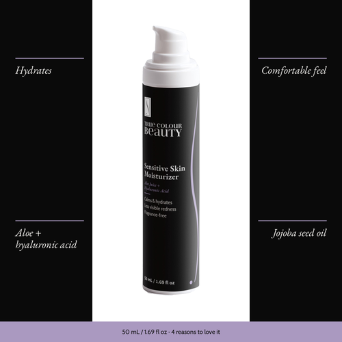 Sensitive Skin Moisturizer with four benefits: hydrates, comfortable feel, aloe + hyaluronic acid, jojoba seed oil
