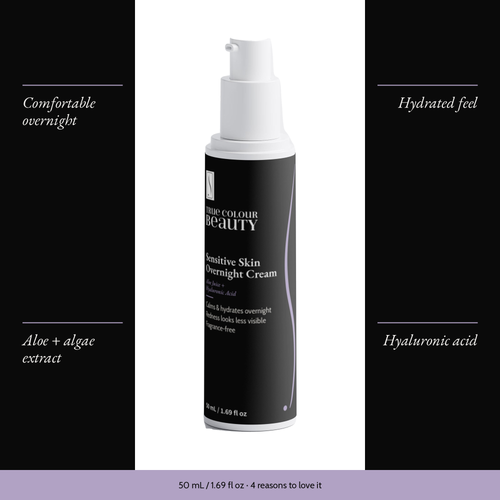 Sensitive Skin Overnight Cream with four benefits: comfortable overnight, hydrated feel, aloe + algae extract, hyaluronic acid