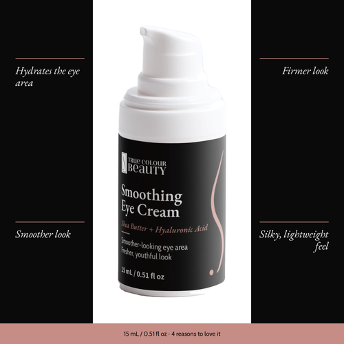 Smoothing Eye Cream with four benefits: hydrates the eye area, firmer look, smoother look, silky, lightweight feel