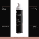 Peptide Renewal Moisturizer with four benefits: keeps skin hydrated, smooth, supple feel, day + night use, peptide + vitamin c