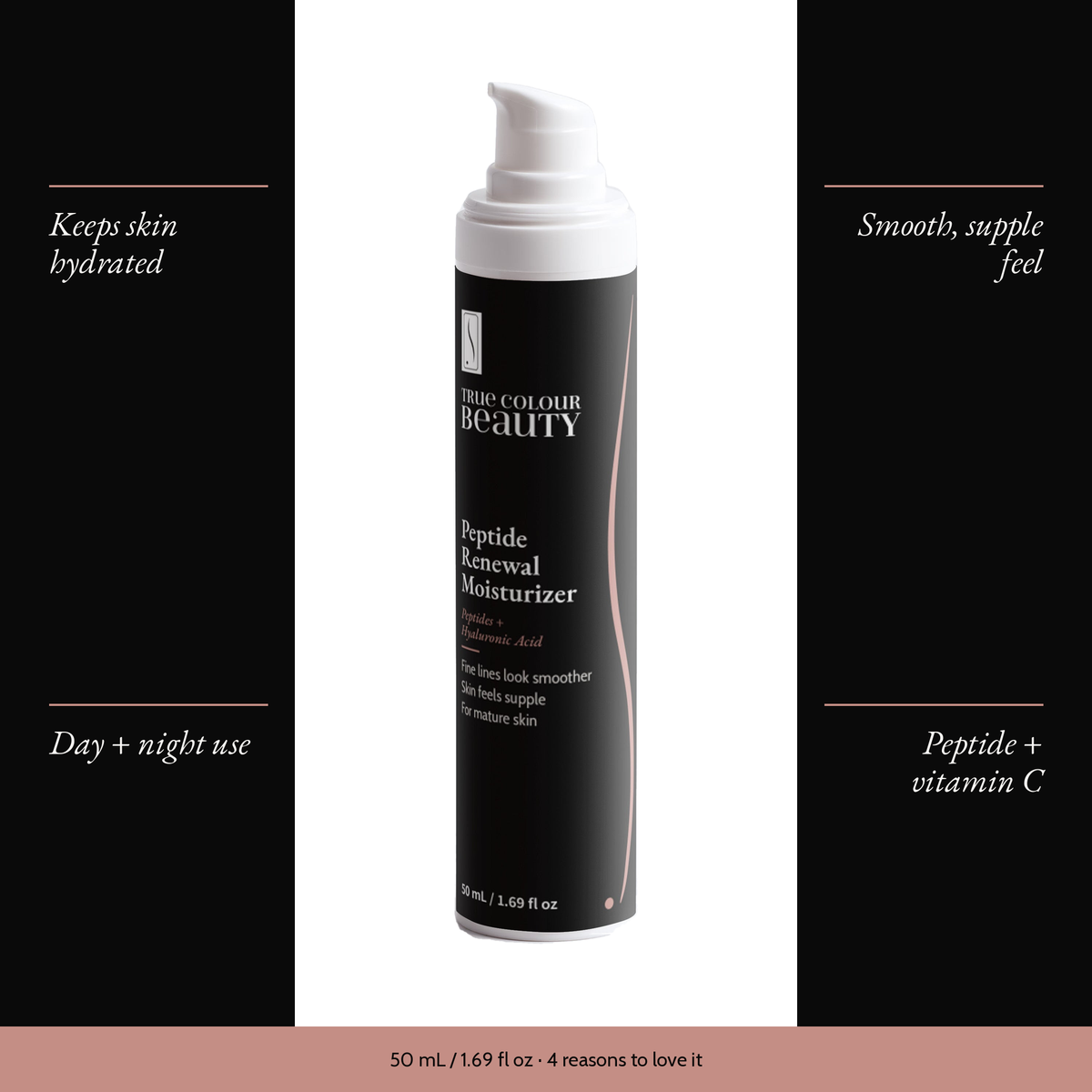 Peptide Renewal Moisturizer with four benefits: keeps skin hydrated, smooth, supple feel, day + night use, peptide + vitamin c