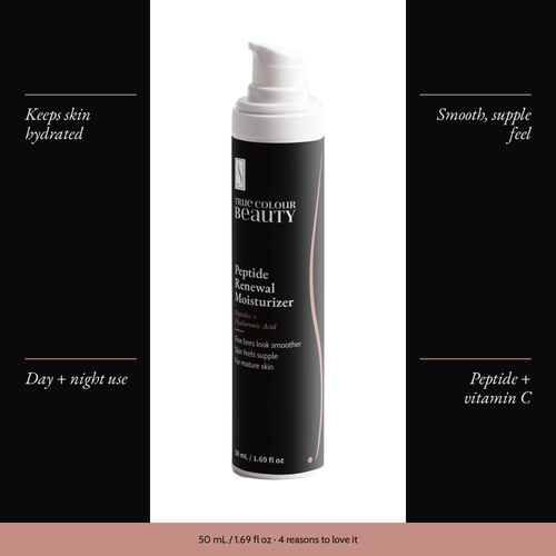 Peptide Renewal Moisturizer with four benefits: keeps skin hydrated, smooth, supple feel, day + night use, peptide + vitamin c