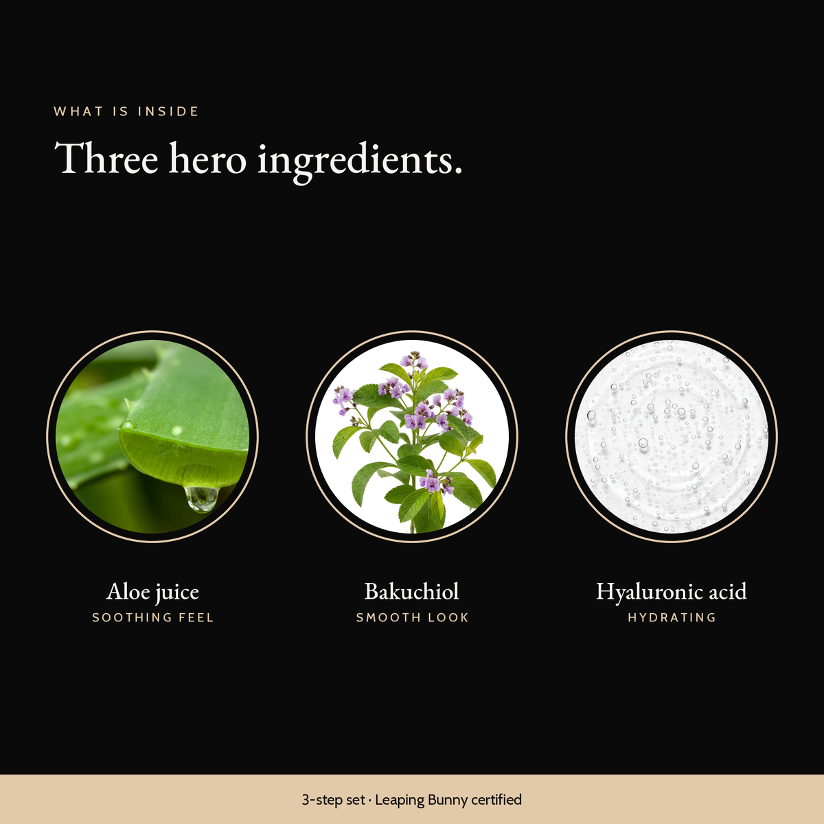 Three hero ingredients in Clear Complexion Trio: aloe juice, bakuchiol, hyaluronic acid