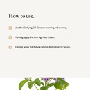 How to use Clear Complexion Trio: Use the Clarifying Gel Cleanser morning and evening. Morning: apply the Anti-Age Day Cream. Evening: apply the Natural Retinol Alternative Oil Serum.