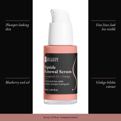 Peptide Renewal Serum with four benefits: plumper-looking skin, fine lines look less visible, blueberry seed oil, ginkgo biloba extract
