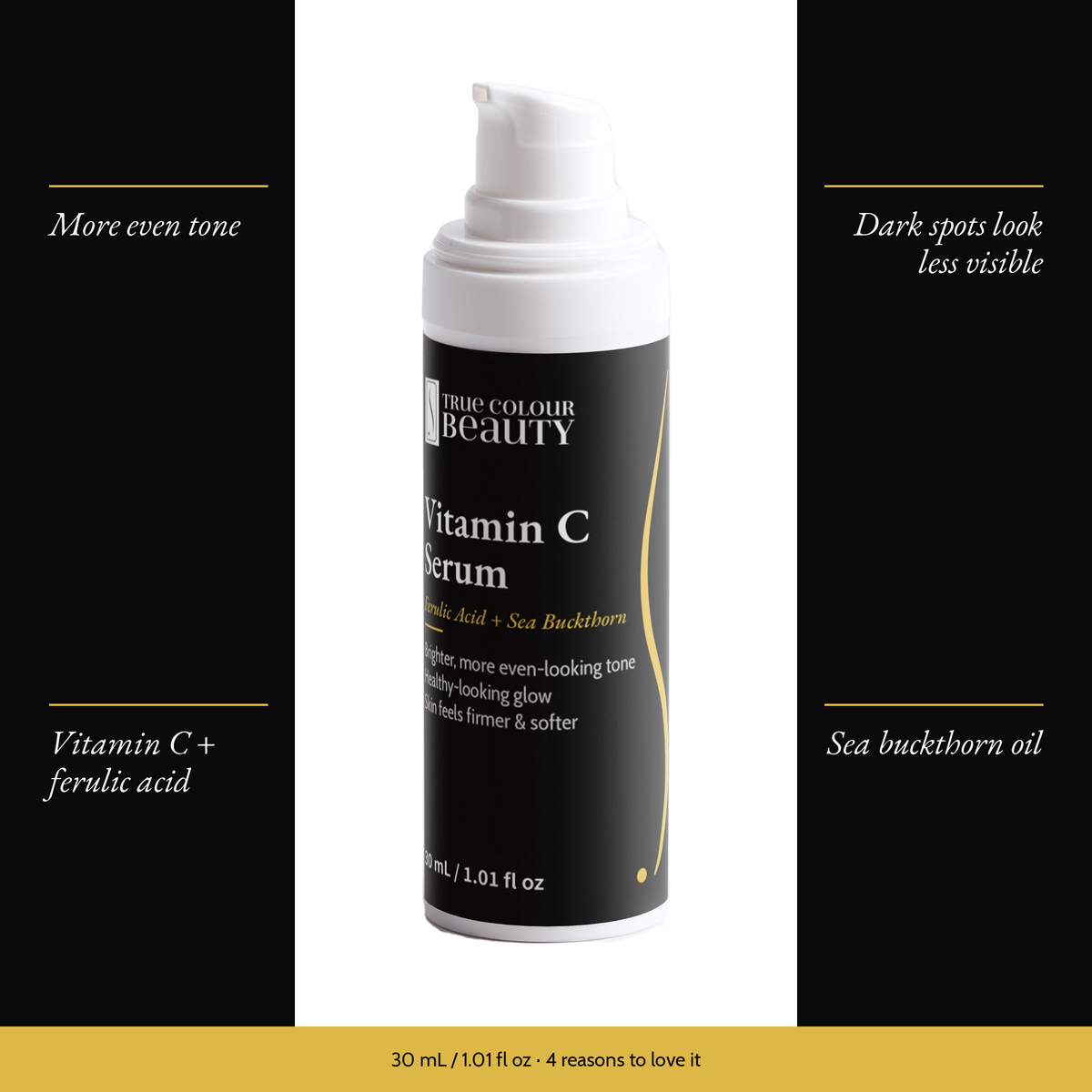 Vitamin C Serum with four benefits: more even tone, dark spots look less visible, vitamin c + ferulic acid, sea buckthorn oil