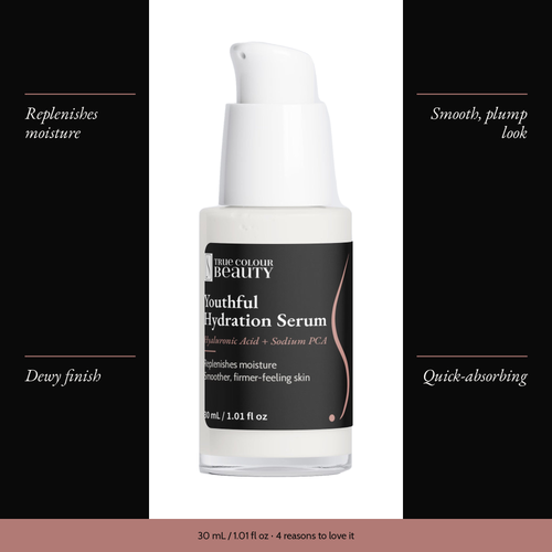 Youthful Hydration Serum with four benefits: replenishes moisture, smooth, plump look, dewy finish, quick-absorbing