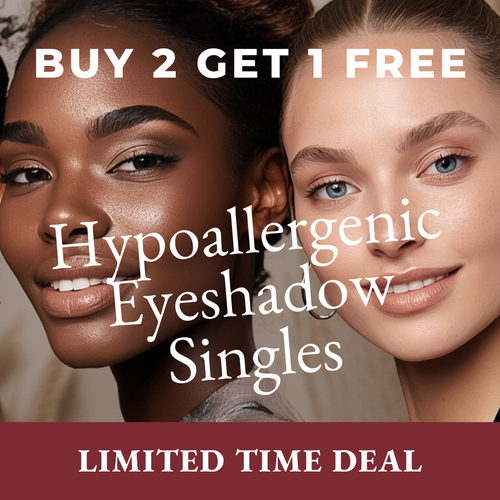 Advertisement for hypoallergenic eyeshadow singles with two models and a 'buy 2 get 1 free' offer.