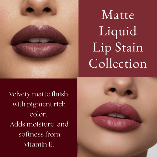 Advertisement for Matte Liquid Lip Stain Collection with close-up of lips and product description.