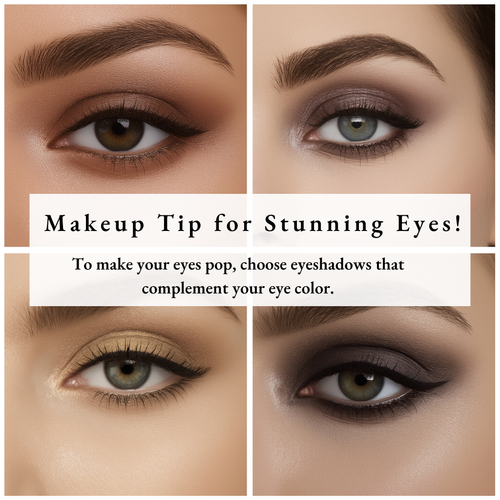 Makeup tip for stunning eyes with close-up shots of eyes and text.