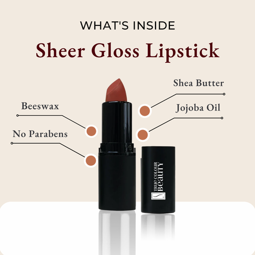 Sheer gloss lipstick with ingredients listed on a beige background
