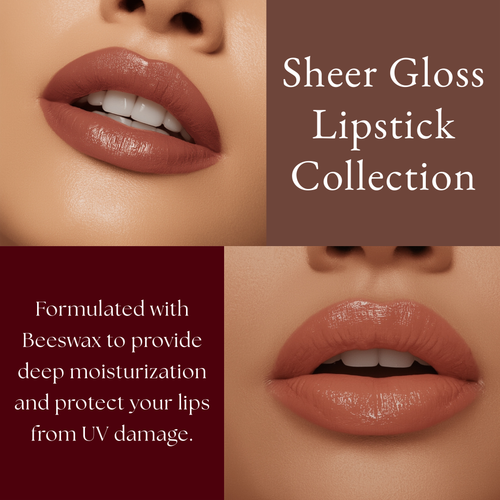 Sheer gloss lipstick collection with close-up of lips wearing the product.