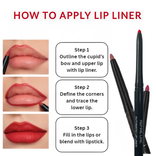 Step-by-step guide on how to apply lip liner with a product display.