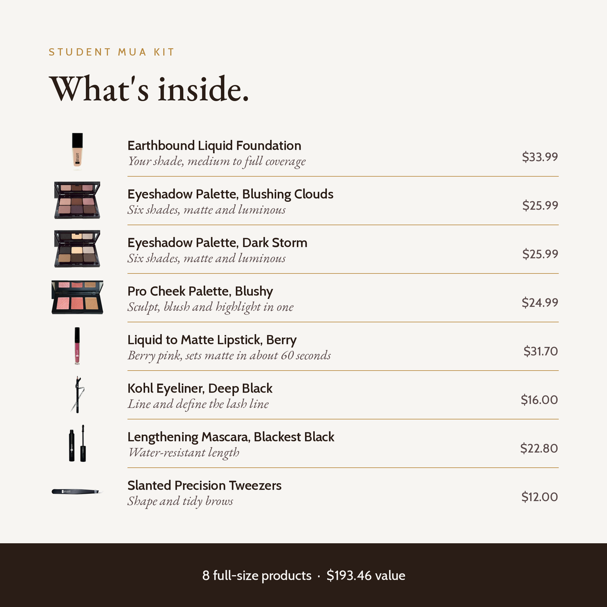 Student MUA Kit Cool Undertones, what's inside with product values