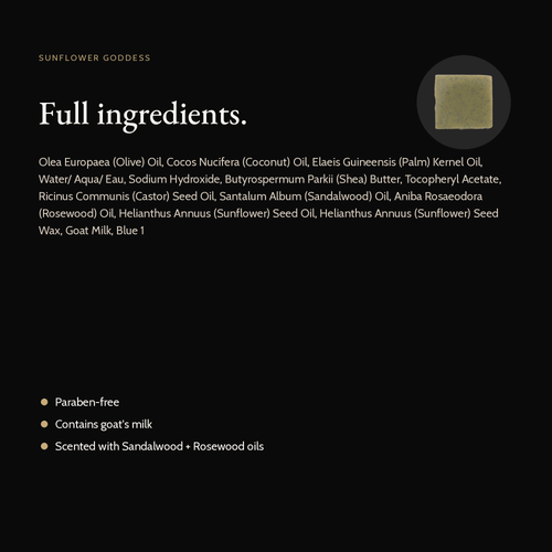 Sunflower Goddess Natural Soap full ingredient list