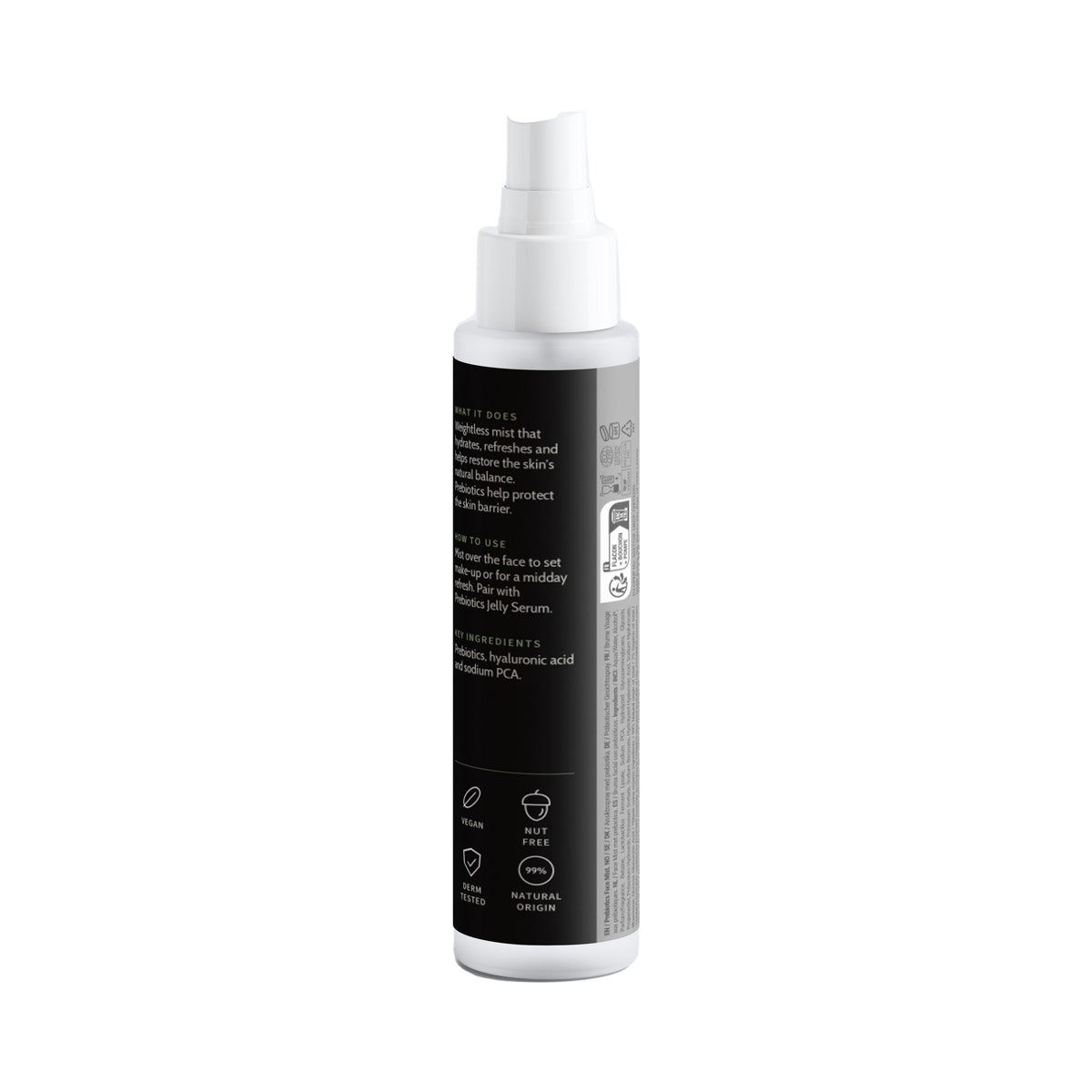 Prebiotics Face Mist bottle, back label with ingredients and directions