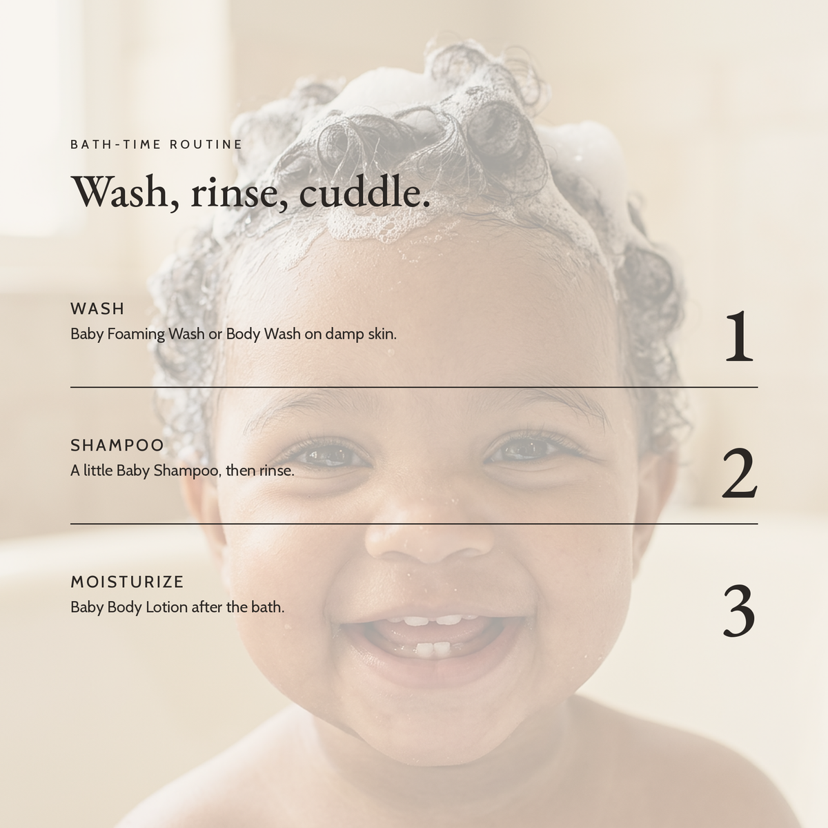 Bath-time routine: wash, shampoo with a little Baby Shampoo, then moisturize, over a smiling baby with suds in curly hair