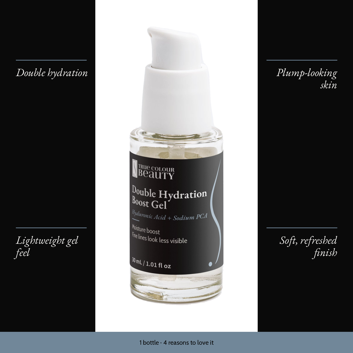 Double Hydration Boost Gel bottle with four benefits: double hydration, plump-looking skin, lightweight gel feel, soft refreshed finish