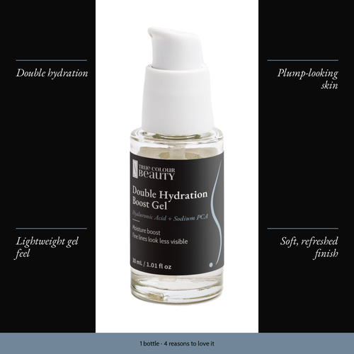 Double Hydration Boost Gel bottle with four benefits: double hydration, plump-looking skin, lightweight gel feel, soft refreshed finish