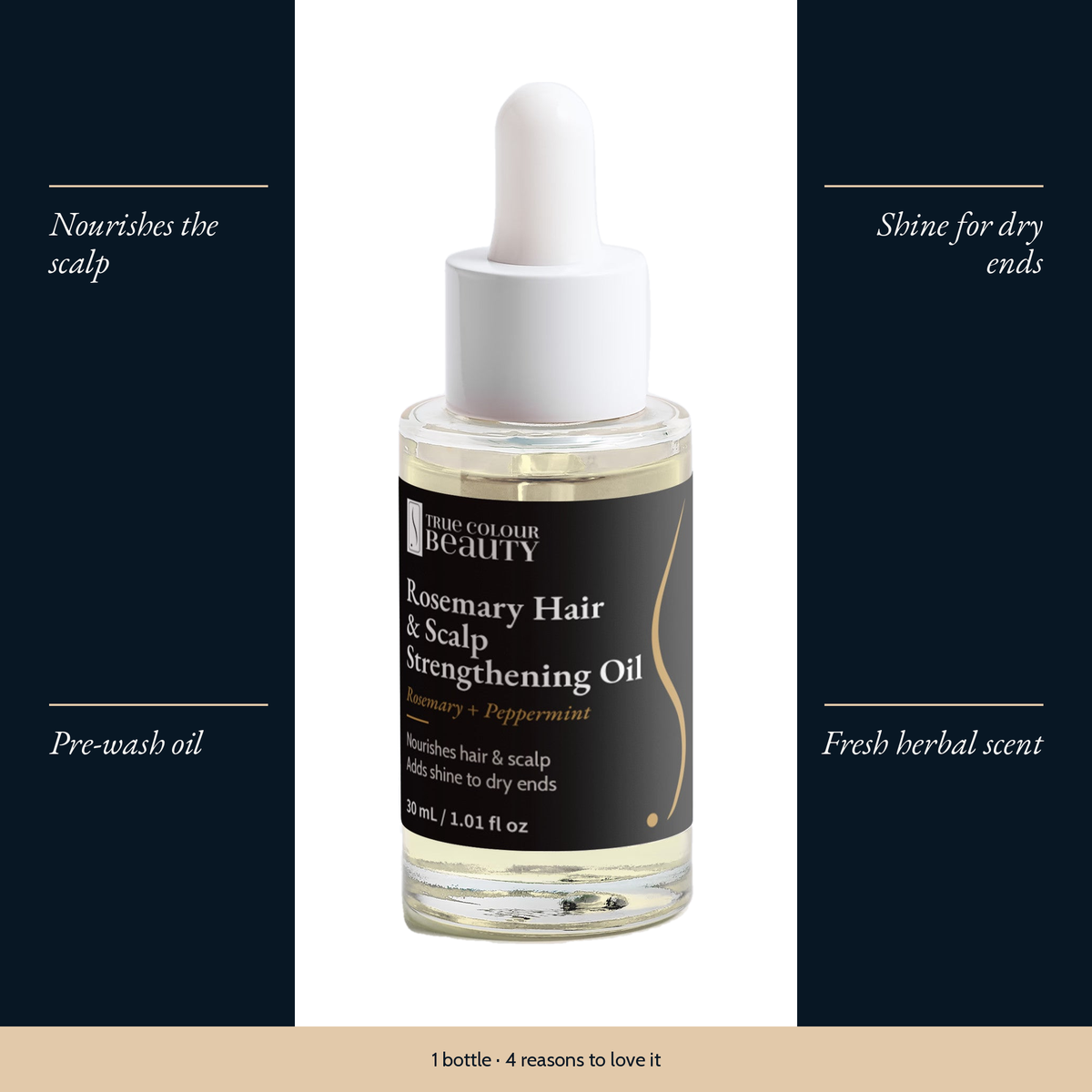 Rosemary Hair & Scalp Strengthening Oil with four benefits: nourishes the scalp, shine for dry ends, pre-wash oil, fresh herbal scent