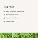 Scalp ritual: apply a few drops to scalp and dry hair, massage gently, leave on for at least 15 minutes, then shampoo