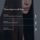 Wash day routine: rosemary oil pre-wash, Sensitive Scalp Shampoo, then conditioner, over a closeup of long dark hair