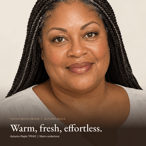 Close-up of model wearing Tinted Moisturizer in Autumn Maple