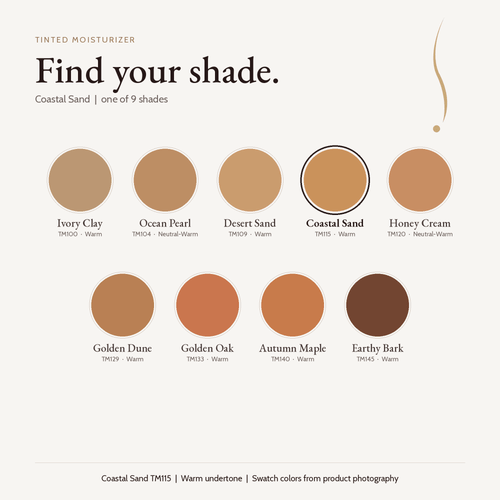 Tinted Moisturizer shade chart with Coastal Sand TM115 selected