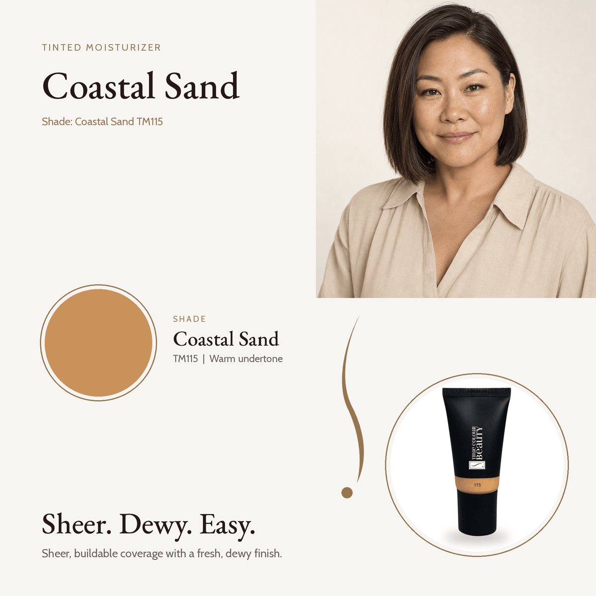 Tinted Moisturizer Coastal Sand TM115 shade swatch with model