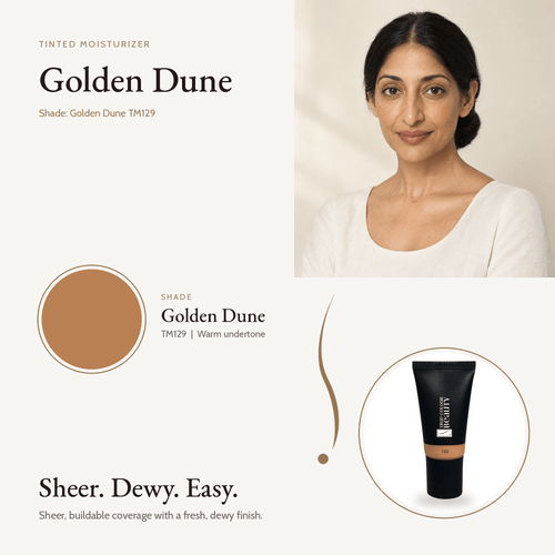 Tinted Moisturizer Golden Dune TM129 shade swatch with model