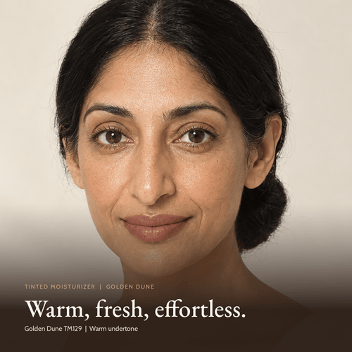 Close-up of model wearing Tinted Moisturizer in Golden Dune