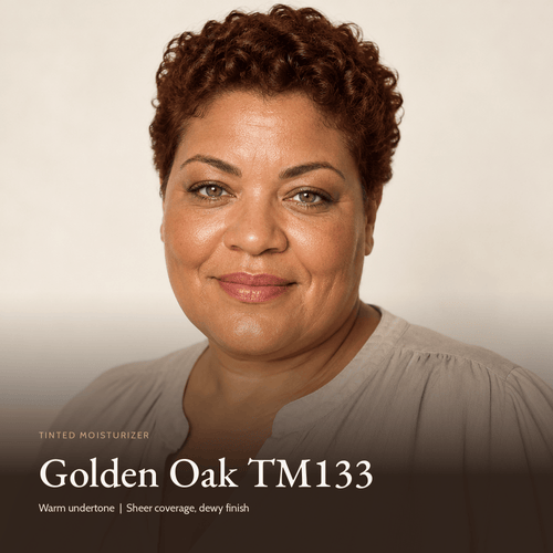 Model wearing Tinted Moisturizer in Golden Oak TM133