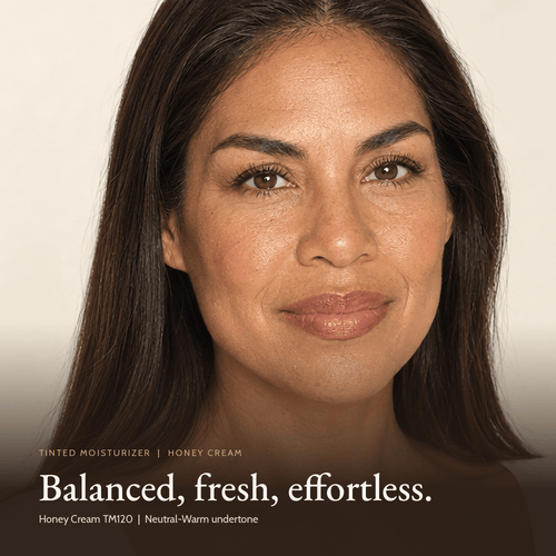 Close-up of model wearing Tinted Moisturizer in Honey Cream