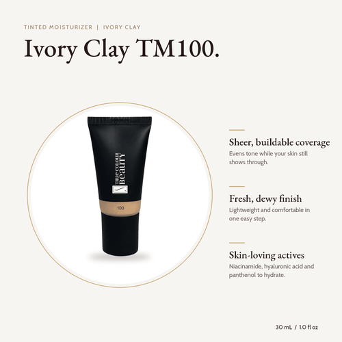 Tinted Moisturizer Ivory Clay TM100 tube, 30 mL, with key benefits